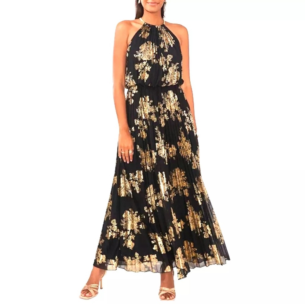 MSK Metallic Gold Print Pleated Blouson Halter Gown Dress Gold On Black Size-18W